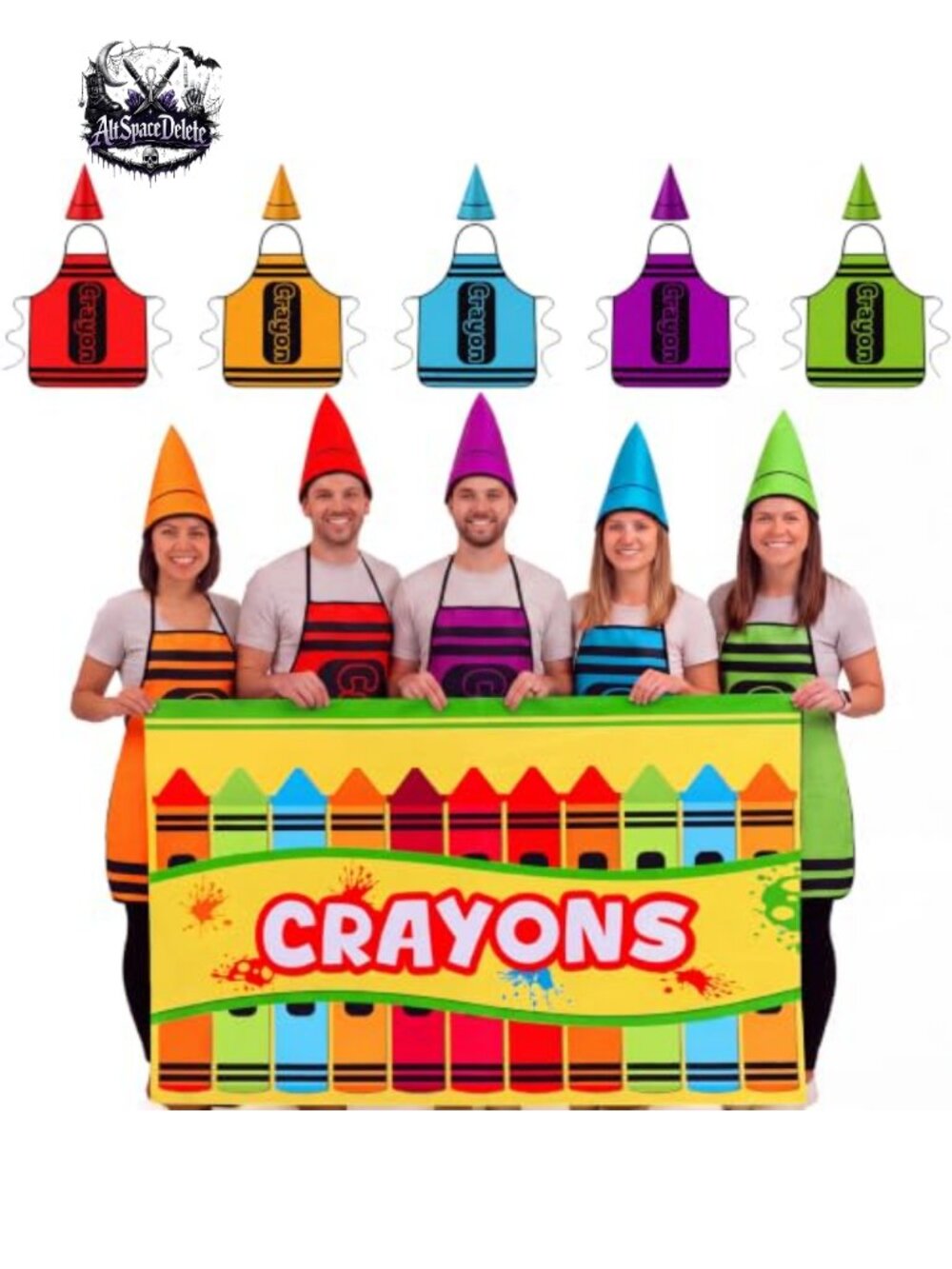 Crayon Costume Set 5 Aprons Hats Box Banner Group Halloween Fancy Dress Adults